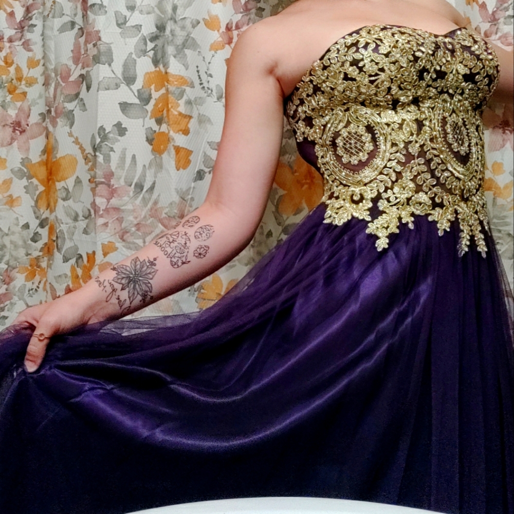 Purple and gold sweet 16 or prom dress.